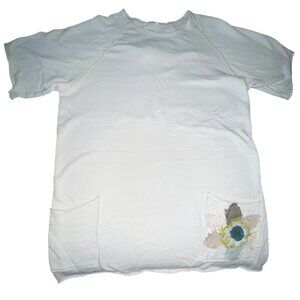 Lost Petal Linens White Tunic Tee Shirt Dress With Front Pockets & Sunflower L